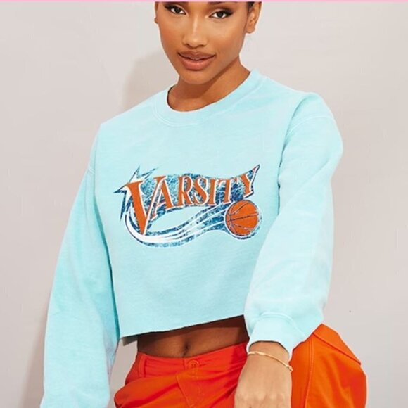 PLT Aqua Varsity Print Crop Washed Sweatshirt sz L NEW - Picture 2 of 8